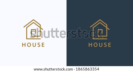 House Logo. Gold House Symbol Geometric Linear Style isolated on Double Background. Usable for Real Estate, Construction, Architecture and Building Logos. Flat Vector Logo Design Template Element.