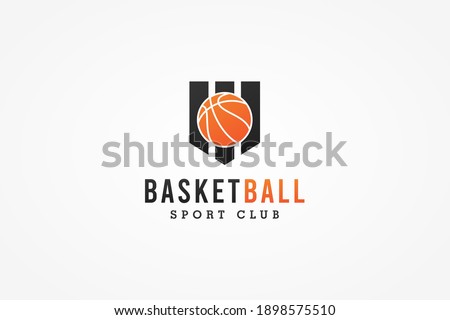 Basketball Club Logo. Black Geometric Shield with Orange Basketball Icon inside isolated on White Background. Usable for Sport Logos. Flat Vector Logo Design Template Element.