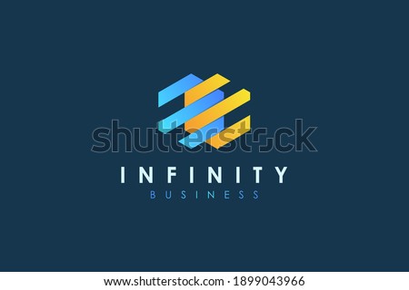 Infinity Logo. Blue and Yellow Geometric Hexagonal Striped Lines Style isolated on Dark Blue Background. Usable for Business and Technology Logos. Flat Vector Logo Design Template Element.