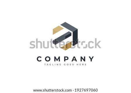 Fast Shipping Delivery Logo. Gold and Gray Hexagonal Striped Lines Box Cube with Arrow Up Combination isolated on White Background. Flat Vector Logo Design Template Element.