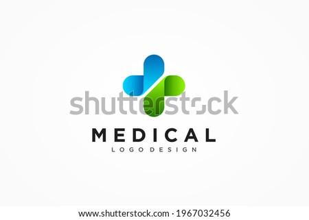 Medical Logo. Modern Healthcare Symbol Pharmacy Icon. Green and Blue Motion Cross Sign Origami Style isolated on White Background. Flat Vector Logo Design Template Element.