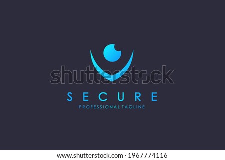 Abstract Protection Logo. Blue Shield Linear Geometric Arrow Shape with Eyeball isolated on Blue Background. Usable for Business and Technology Logos. Flat Vector Logo Design Template Element.