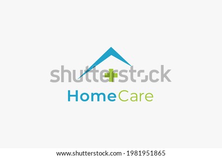 Simple Home Care Logo. Blue Geometric Silhouette Shape House Icon with Green Cross Plus Sign Combination isolated on White Background. Flat Vector Logo Design Template Element.