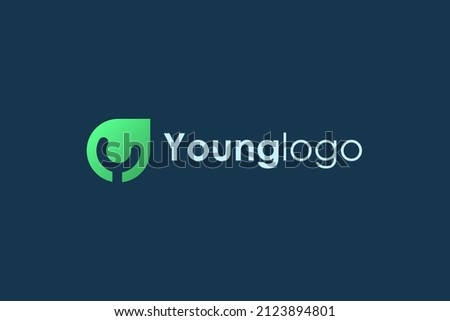 Young People Logo. Green Leaf with Initial Letter Y Human Icon inside isolated on Blue Background. Flat Vector Logo Design Template Element.