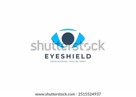 Abstract Eye Protection Logo. Blue Linear Geometric Eye With Shield Isolated On White Background. Flat Vector Logo Design Template Element Usable For Business, Technology And Branding Logos.