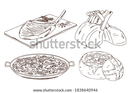 Doodle of Western food, tomahawk, lamb rack, paella, bread soup