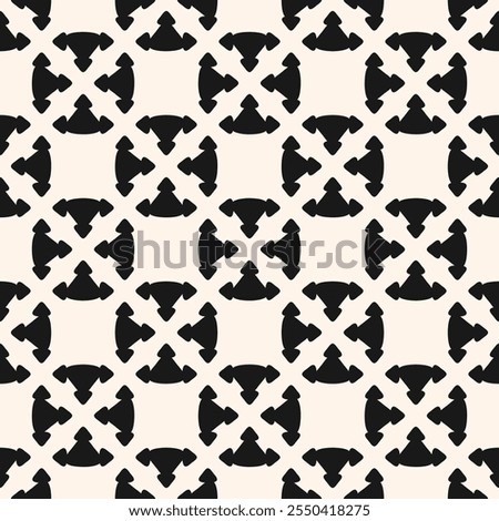 Abstract monochrome geometric seamless pattern. Black and white vector texture with simple shapes, triangles, arrows, repeat tiles. Repeated modular background. Design for decor, textile, tablecloth