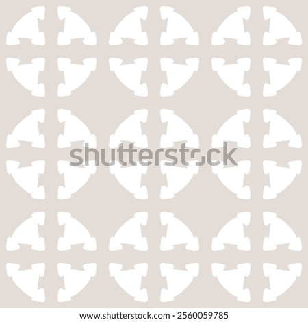 Abstract minimal geometric seamless pattern. Vector texture with simple shapes, crosses, arrows, lattice, grid, tiles. White and beige color. Repeated modular background. Geo design for decor, print