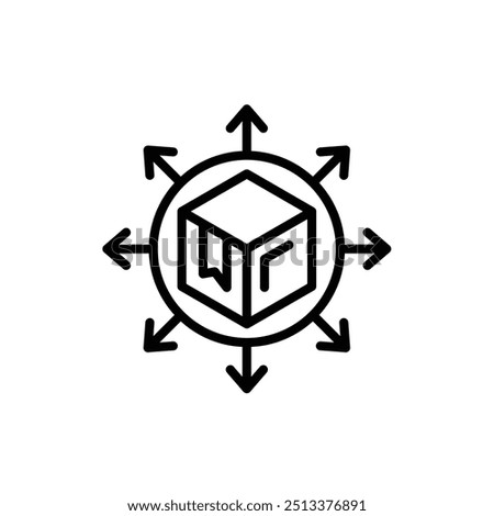 Black and white icon of a cube with arrows pointing in all directions, symbolizing multi-directional movement and logistics.