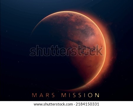 Red planet Mars vector surface craters on dark space galaxy background illustration