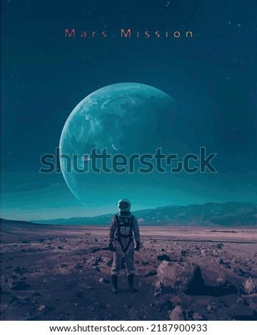 Astronaut on red planet Mars looking Earth vector illusttation