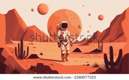 Astronaut walking on Mars Mission cosmonaut flat vector icon design illustration