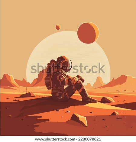 Astronaut on red planet Mars Mission cosmonauts flat vector design illustration