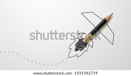 Black colour pencil with outline rocket on white paper background. Creativity inspiration ideas concept