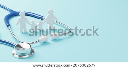 Top view of medical stethoscope and icon family on cyan background. Health care insurance concept. 3d rendering Сток-фото © 