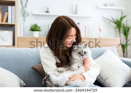 Similar – Image, Stock Photo Young woman hugging cat in hallway