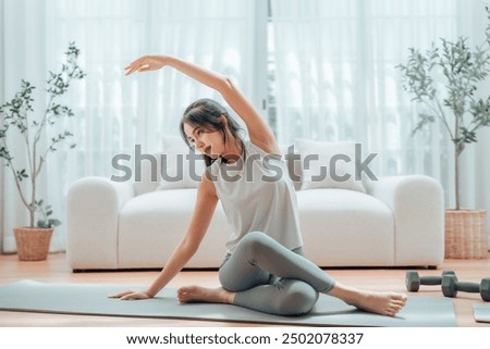 Similar – Image, Stock Photo Woman practicing yoga in various poses (asana)