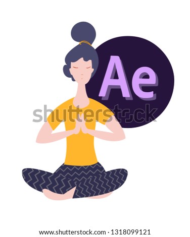 Yogi girl in a yellow T-shirt sitting in the lotus position on the background of icons adobe after effect