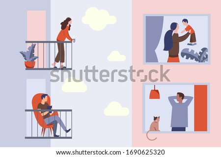 Isolation of people during the COVID-19 pandemic. Young guy and girl are standing on their balconies. In a neighboring building, the windows are a mother with a son. In another window, a guy with cat.