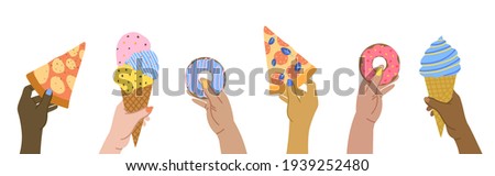 Hands holding fast junk food. Ice cream, slices of pizza, donuts. International No Diet Day. Unhealthy lifestyle habits and obesity and bad health concept. Hand-drawn style vector Illustration.