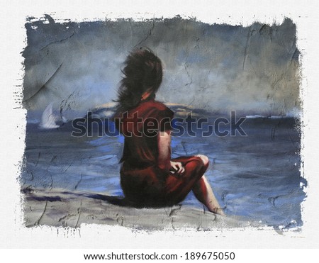 Woman sitting on beach torn edges