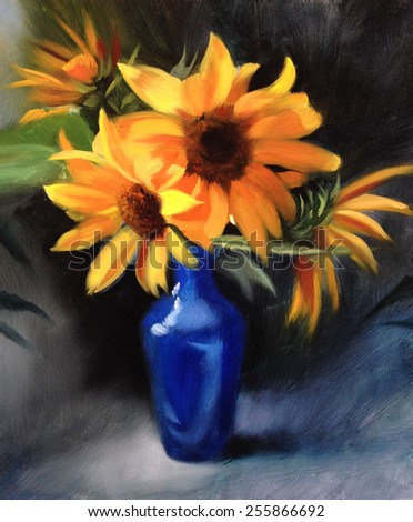 Sunflowers blue vase oil painting 