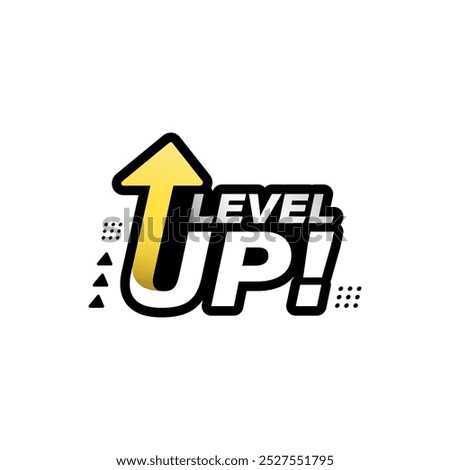 Level up text with modern ornament, golden arrow and silver gradient isolated on white background. Design for logo, icon, game, business, achievement, level up, celebrating. Vector illustration.