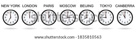 Clocks at different times on white background 