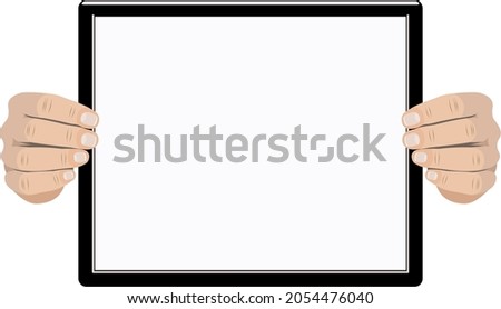 Tablet held by two hands on white background