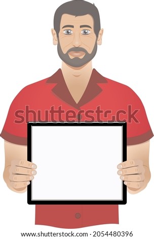 Tablet held by a man on white background 