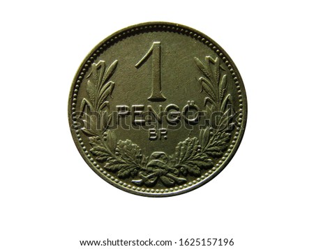 Reverse of Hungary coin 1 pengo 1938 with inscription meaning ONE PENGO, BUDAPEST. Isolated in white background. Stock fotó © 