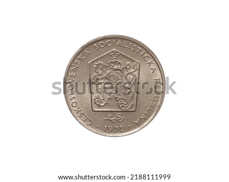 Obverse of Czechoslovakia coin 2 koruny 1972 with inscription meaning CZECHOSLOVAK SOCIALIST REPUBLIC. Close up view. Foto d'archivio © 