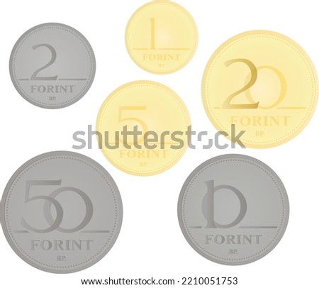 Set of Hungary coins 1, 2, 5, 10, 20 and 50 forint, isolated in white background. Vector image.