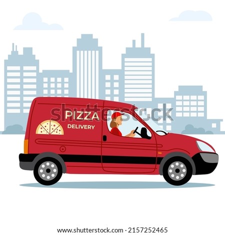 Delivery girl courier rides pizza delivery car in the city. Hand drawn flat vector illustration