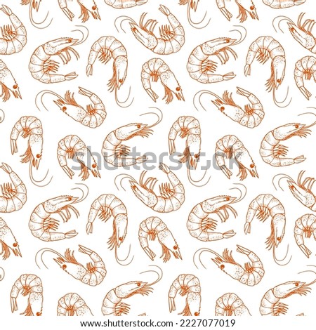 Vector seamless pattern of randomly arranged curved shrimps. Red outline hand drawn sketch style shrimps background.