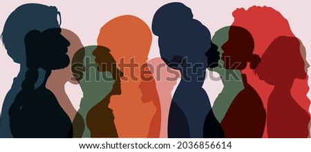 Silhouette group of multiethnic women and man who talk and share ideas and information. Communication and friendship women or girls of diverse cultures. Women social network community. Speak	