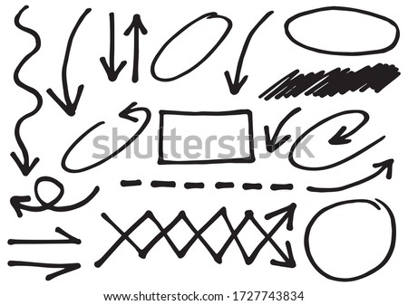 Hand drawn doodle design graphic elements. Hand drawn arrows circles and abstract doodle writing design.  white background.