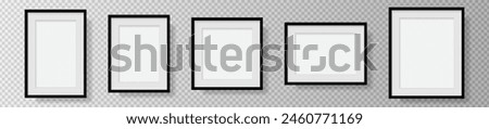 Photo Realistic Black Blank Picture Frame, hanging on a Wall from the Front. mockup isolated on transparent background. Graphic style template. Vector illustration