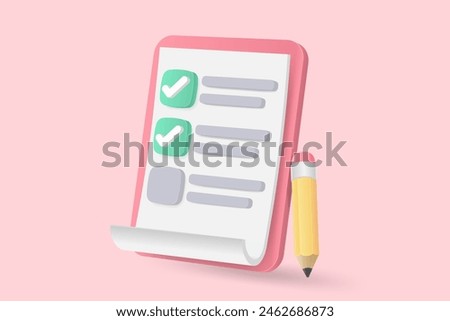 3d minimal white clipboard task management todo check list, posting plan on white background, paper clipboard task management todo check list with pencil, level up concept, 3d pencil note