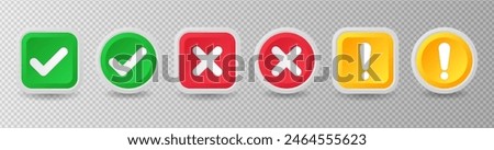 Check mark icons. Checkmark and cross mark buttons, Tick sign, Right and wrong 3D buttons, Check mark acceptance, X rejection button. 3d realistic vector set. Positive and negative choice