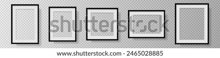 Photo Realistic Black Blank Picture Frame, hanging on a Wall from the Front. mockup isolated on transparent background. Graphic style template. Vector illustration