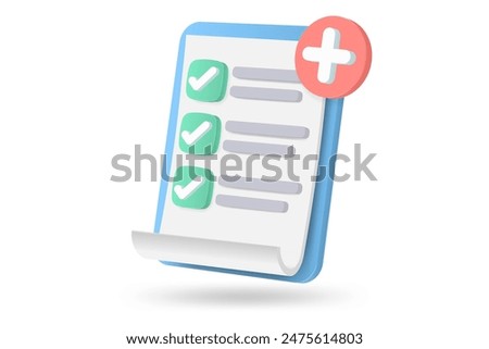 Medical list icon 3D checklist illustration. Medical form list with results data and approved check mark vector illustration Healthcare and health. Health check symbol vector medical check form report