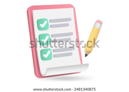 3d white clipboard task management todo check list with pencil, fast work on project plan, efficient work on project plan, fast progress, level up concept, assignment and exam checklist icon.