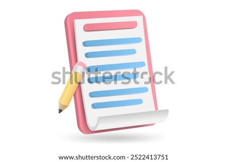 3d white clipboard task management todo check list with pencil, fast work on project plan, efficient work on project plan, fast progress, level up concept, assignment and exam checklist icon.