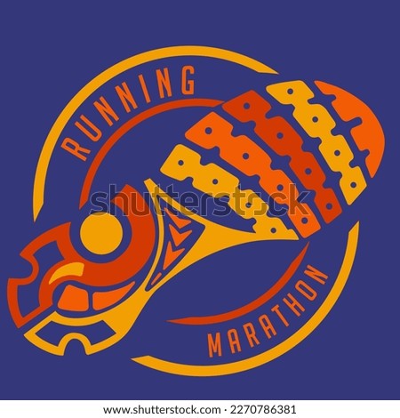 round running logo with foot print drawing with running marathon writing in orange color with blue background