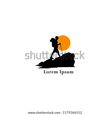 tourist climbs the mountain symbol, travel and expedition logo, Hiking Logo Template