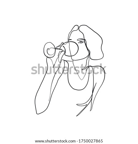 Girl drinks wine or champagne from a glass. Linear silhouette of a woman with a glass goblet. Drawing in one continuous line. Linear glamour logo in minimal for  wine label. 