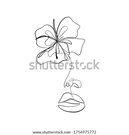 Linear woman with flower drawn by one continuous line. Portrait in minimal style. Nature symbol of rose. Botanical element. Design for beauty salon, postcard, invitations, logo, branding. 