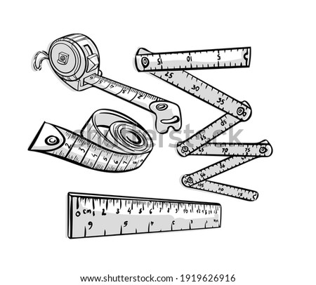 Set of Measuring tools. Hand drawn meusure tape and ruler in doodle, sketch style, isolated on white background. Vector illustration Photo stock © 