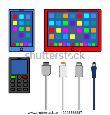 Vector image phones, tablet, isolated on white background, mobile phone icon, type c, micro usb, lightning, nokia charger illustration 